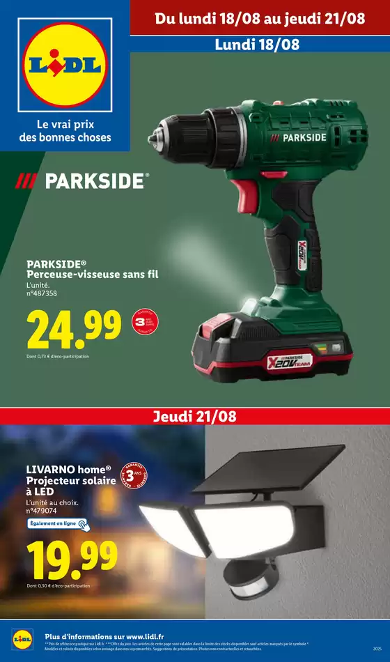 Catalogue Lidl à Neuvilly | Profitez d'outils puissants et fiables Parkside à des prix exceptionnels chez Lidl. | 2025-08-18T00:00:00.000Z - 2025-08-21T00:00:00.000Z