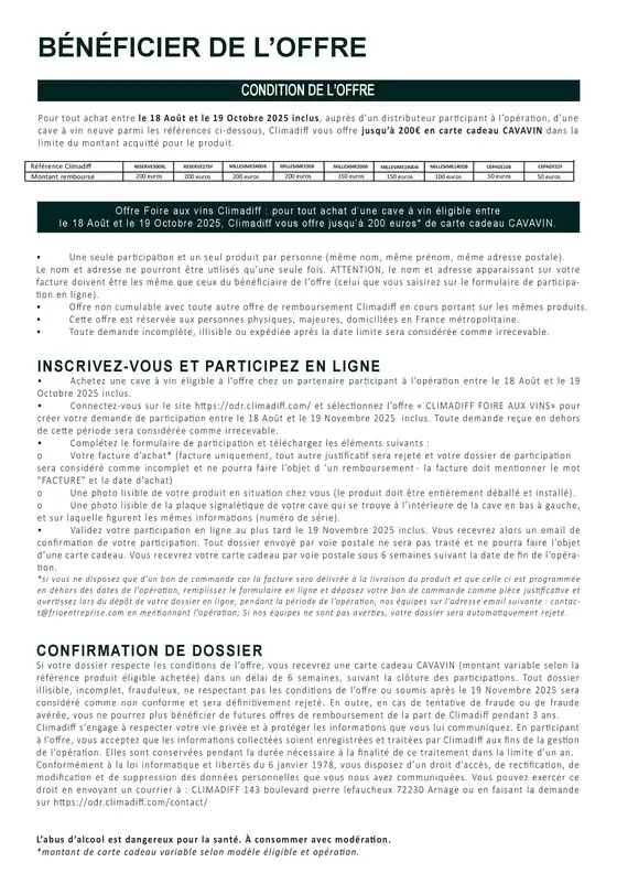  OFFRE Climadiff : vous offre jusqu' à 200€ en carte cadeau chez les cavistes CAVAVIN