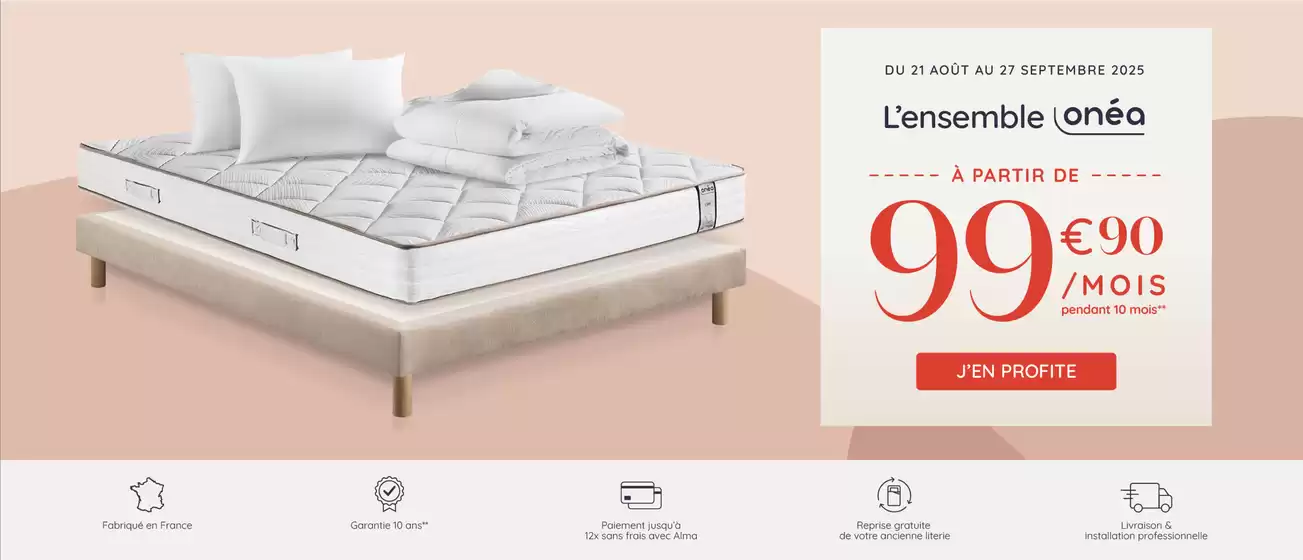 Offrez à vos nuits une nouvelle dimension avec notre ensemble de nuit Onéa 1 Matelas + 1 Sommier + 1 Couette + 2 Oreillers 