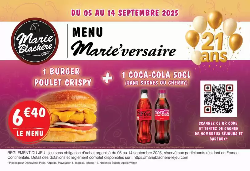 Catalogue Marie Blachère à Saint-Jean-de-Védas | Menu Marie’Versaire | 2025-09-05T00:00:00.000Z - 2025-09-14T00:00:00.000Z