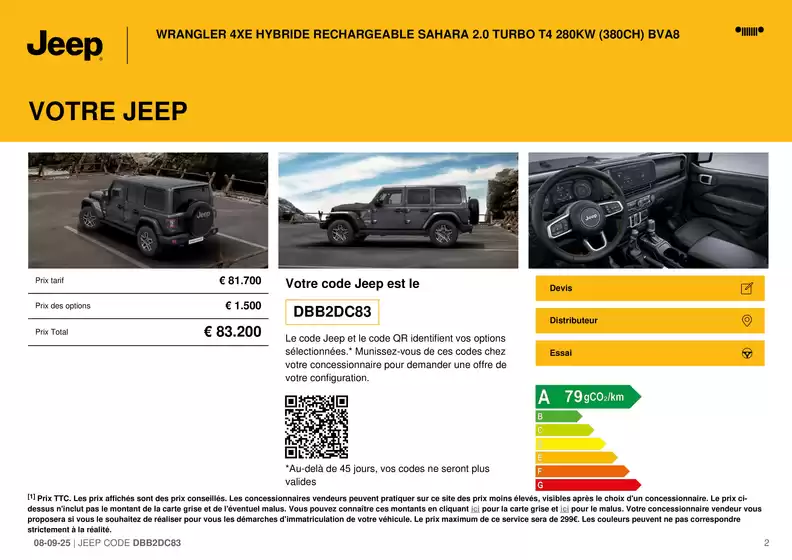 WRANGLER 4XE HYBRIDE RECHARGEABLE SAHARA 2.0 TURBO T4 280KW (380CH) BVA8