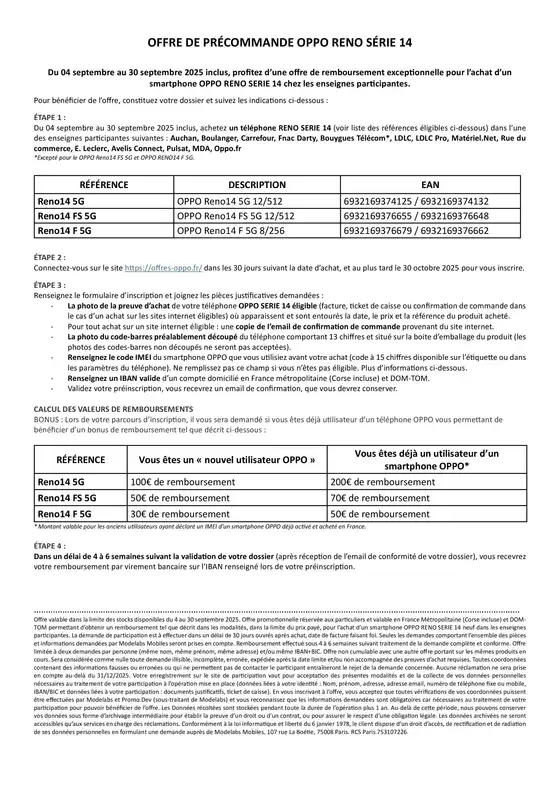 OPPO Reno14 FS Jusqu'à 70€ remboursés