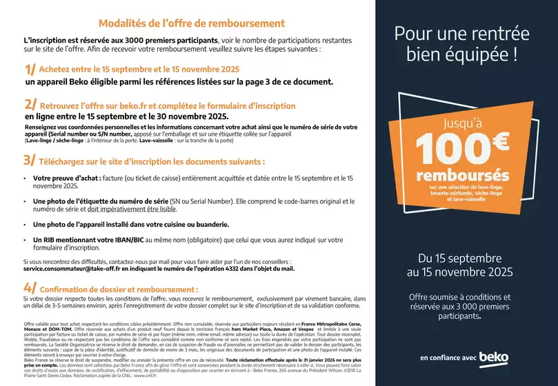 BEKO Jusqu'à 100€ remboursés