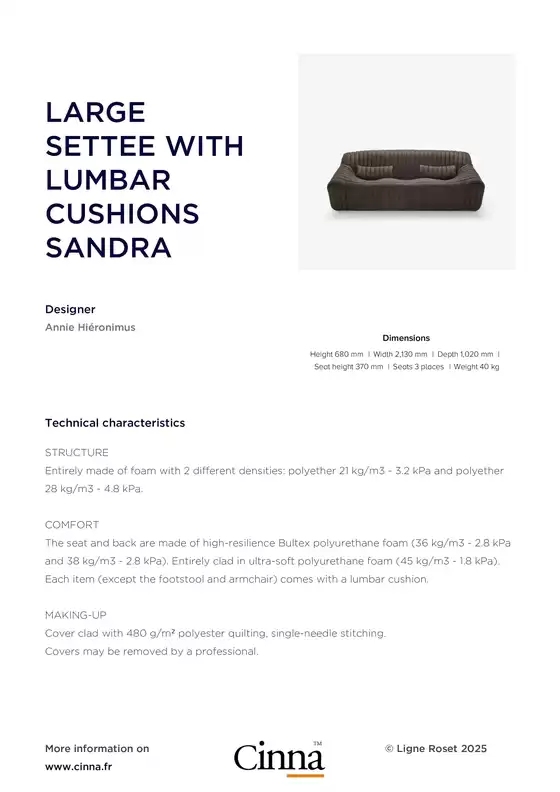Catalogue Cinna à La Varenne-Saint-Hilaire | LARGE SETTEE WITH LUMBAR CUSHIONS SANDRA | 2025-10-21T00:00:00.000Z - 2025-10-31T00:00:00.000Z