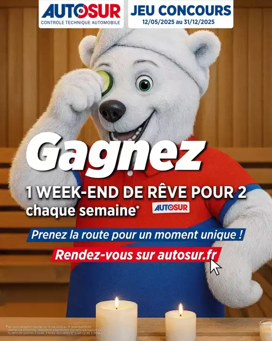 Catalogue Autosur à Fontenay-sur-Eure | Chaque semaine jusqu’au 31 décembre 2025, AUTOSUR vous fait gagner un week-end de rêve pour 2 personnes avec (selon prestation choisie)  | 2025-10-22T00:00:00.000Z - 2025-12-31T00:00:00.000Z