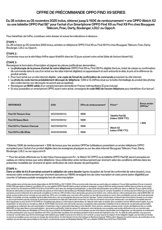 Jusqu'à 150€ remboursés + une Oppo Watch X2 ou une tablette Pad SE offerte