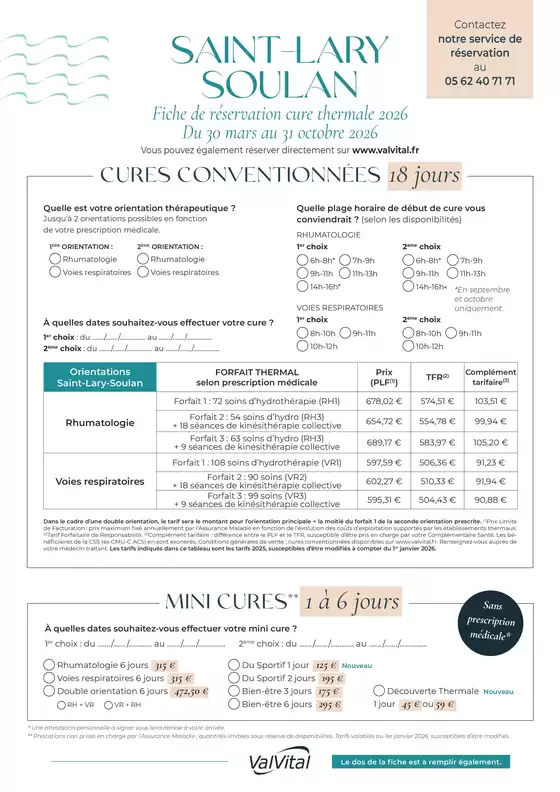Catalogue ValVital à Caussade | ValVital Fiche de réservation Saint-Lary-Soulan 2026 | 2026-03-30T00:00:00.000Z - 2026-10-31T00:00:00.000Z