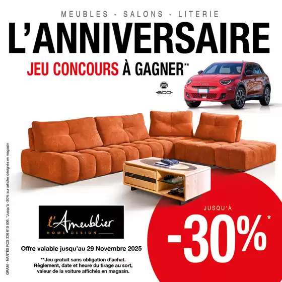 Catalogue L'Ameublier à Levier | C'est encore le moment de le célébrer avec nous et de faire de belles affaires : profitez de jusqu'à -30%* sur une sélection de meubles, salons et literie !  | 2025-11-21T00:00:00.000Z - 2025-11-29T00:00:00.000Z