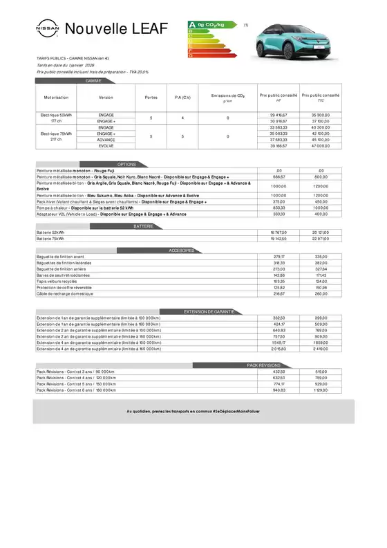 Catalogue Nissan à Wittenheim | Fiche tarifaire leaf | 2026-01-15T00:00:00.000Z - 2026-01-31T00:00:00.000Z