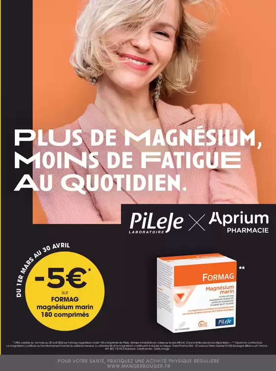 Catalogue Aprium Pharmacie à  | Pius de Magnésium, Moins de Fatigue Au Quotidien. | 2026-03-02T00:00:00.000Z - 2026-04-30T00:00:00.000Z