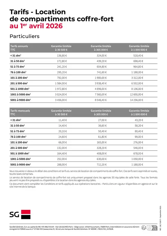 Catalogue Société Générale à Bresles | Tarifs - Location de compartiments coffre-fort au 1er avril 2026 | 2026-04-01T00:00:00.000Z - 2026-12-31T00:00:00.000Z