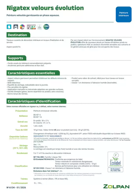 Catalogue Zolpan | Nigatex evolution velours fiche technique | 2026-03-25T00:00:00.000Z - 2026-03-31T00:00:00.000Z