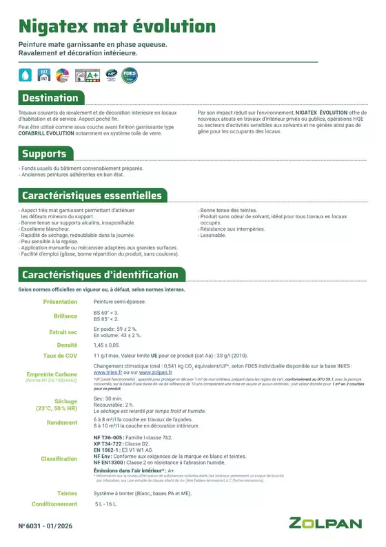 Catalogue Zolpan | Nigatex 25C32589volution Mat fiche technique | 2026-03-25T00:00:00.000Z - 2026-04-30T00:00:00.000Z