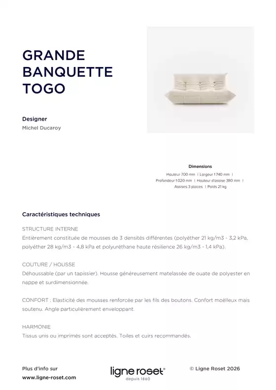 Catalogue Ligne Roset à Porto-Vecchio | GRANDE BANQUETTE TOGO | 2026-03-30T00:00:00.000Z - 2026-04-12T00:00:00.000Z