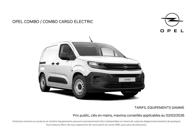 Catalogue Opel à Amiens | TARIF FEVRIER 2026 OPEL COMBO CARGO COMBO CARGO ELECTRIC | 2026-03-31T00:00:00.000Z - 2026-04-30T00:00:00.000Z