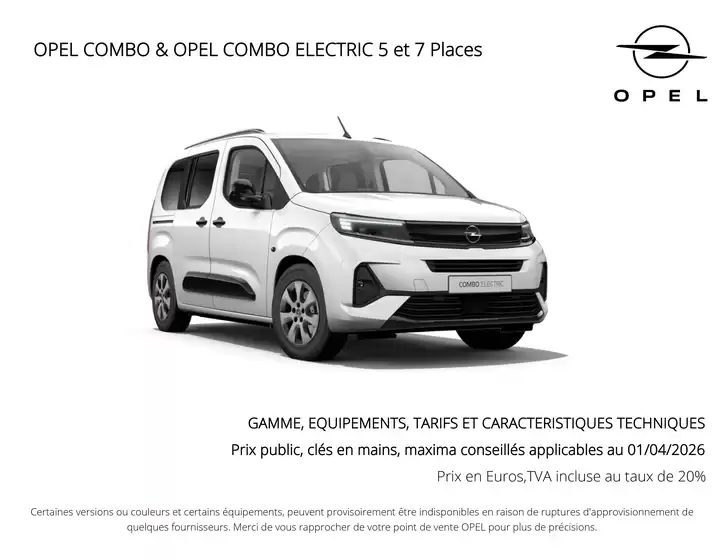 Catalogue Opel | Tarif avril 2026 opel combo opel combo electric | 2026-04-01T00:00:00.000Z - 2026-04-30T00:00:00.000Z