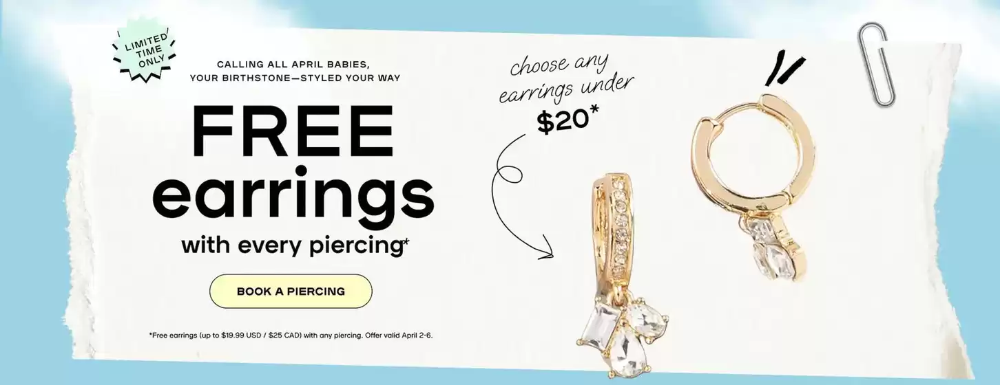 Catalogue Claire's à Montereau-Fault-Yonne | Free earrings | 2026-04-03T00:00:00.000Z - 2026-04-30T00:00:00.000Z