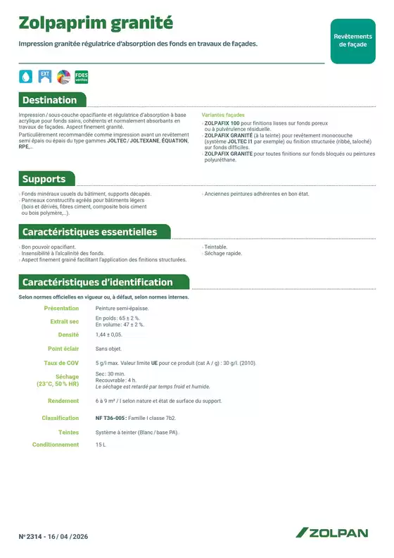 Catalogue Zolpan | Zolpaprim Granit25C325A9 fiche technique | 2026-04-22T00:00:00.000Z - 2026-05-22T00:00:00.000Z