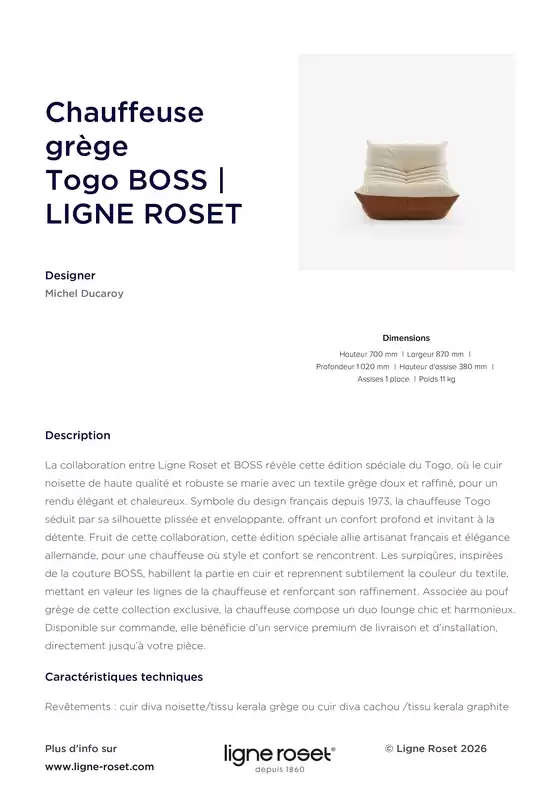 Catalogue Ligne Roset | Chauffeuse grège Togo BOSS | LIGNE ROSET | 2026-05-11T00:00:00.000Z - 2026-05-31T00:00:00.000Z