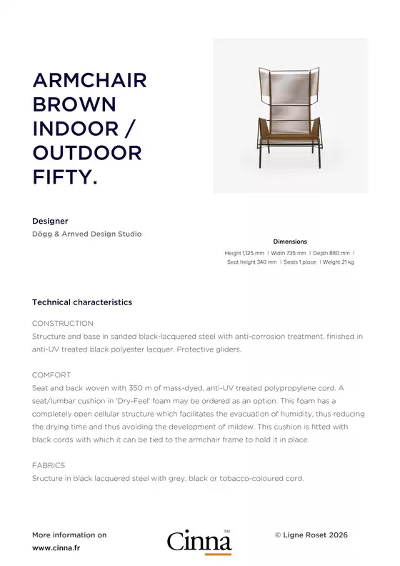 Catalogue Cinna | ARMCHAIR BROWN INDOOR / OUTDOOR FIFTY. | 2026-06-02T00:00:00.000Z - 2026-06-30T00:00:00.000Z