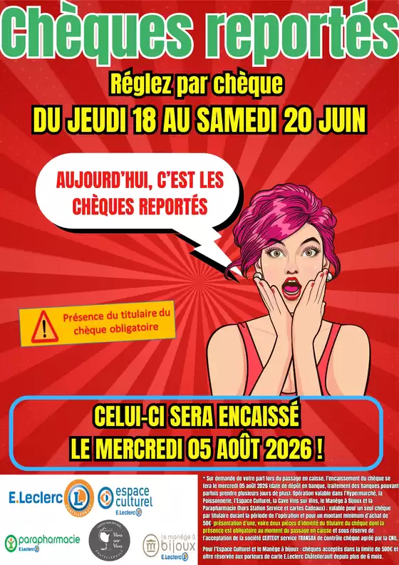 Catalogue E.Leclerc | OPERATION CHEQUE REPORTE 06 2026 | 2026-06-18T00:00:00.000Z - 2026-06-20T00:00:00.000Z