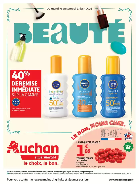 Catalogue Auchan Supermarché à Béziers | Beauté, Halles, supers | 2026-06-16T00:00:00.000Z - 2026-06-27T00:00:00.000Z