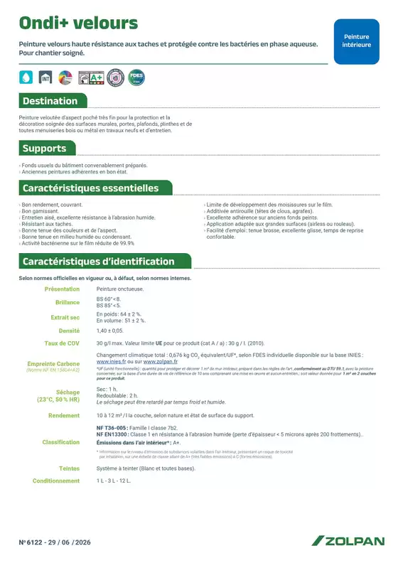 Catalogue Zolpan | Ondi252B Velours fiche technique | 2026-07-07T00:00:00.000Z - 2026-07-31T00:00:00.000Z