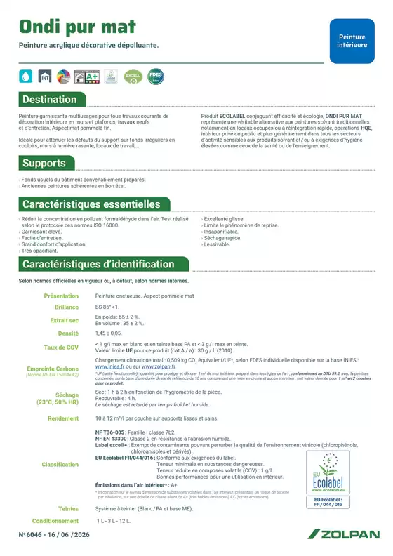 Catalogue Zolpan | Ondi Pur Mat fiche technique | 2026-07-07T00:00:00.000Z - 2026-07-31T00:00:00.000Z