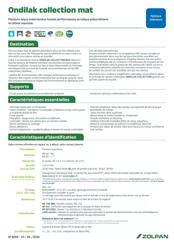 Catalogue Zolpan | Ondilak Collection Mat fiche technique | 2026-07-07T00:00:00.000Z - 2026-07-31T00:00:00.000Z