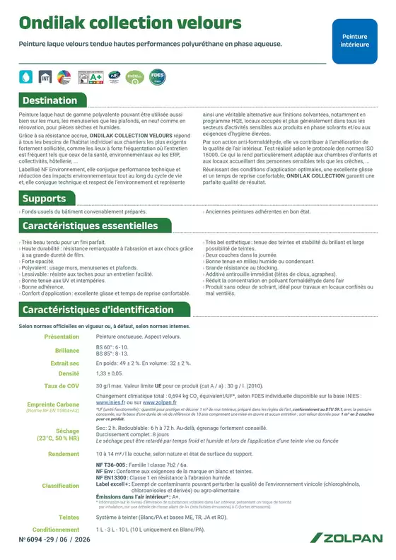 Catalogue Zolpan | Ondilak Collection Velours fiche technique | 2026-07-07T00:00:00.000Z - 2026-07-31T00:00:00.000Z
