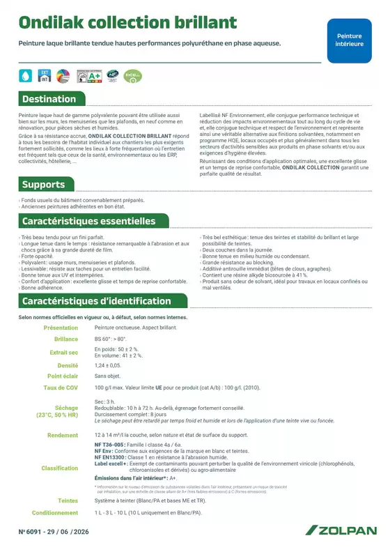 Catalogue Zolpan | Ondilak Collection Brillant fiche technique | 2026-07-07T00:00:00.000Z - 2026-09-30T00:00:00.000Z