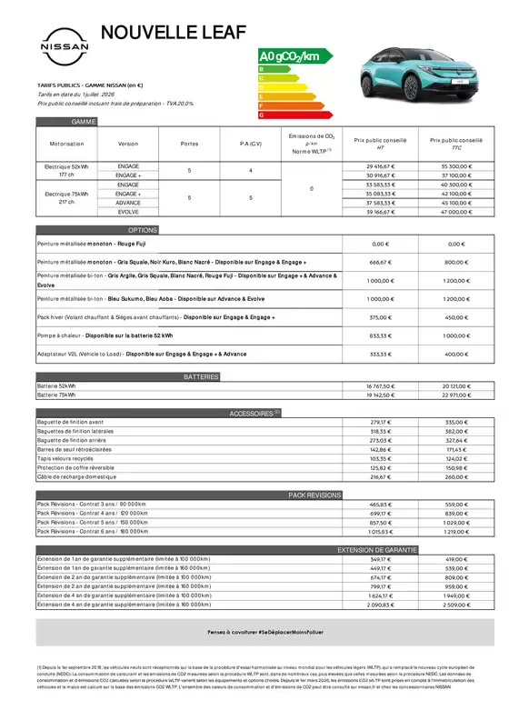 Catalogue Nissan à La Chapelle-Saint-Luc | Fiche tarifaire leaf | 2026-07-20T00:00:00.000Z - 2026-07-31T00:00:00.000Z