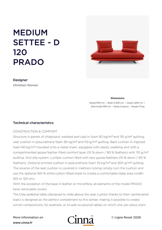 Catalogue Cinna | MEDIUM SETTEE - D 120 PRADO | 2026-08-11T00:00:00.000Z - 2026-08-31T00:00:00.000Z