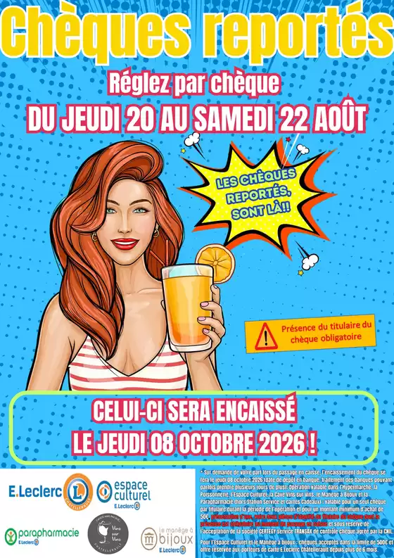 Catalogue E.Leclerc à Nice | OPERATION CHEQUE REPORTE 08 2026 | 2026-08-20T00:00:00.000Z - 2026-08-22T00:00:00.000Z