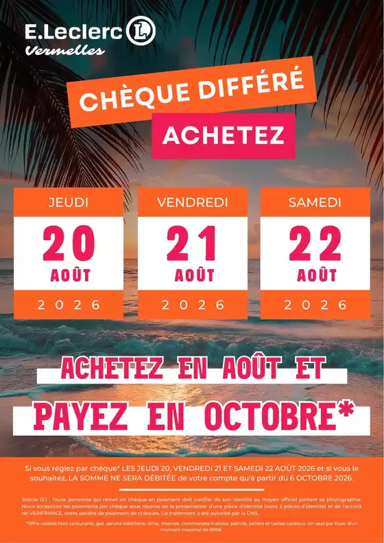 Catalogue E.Leclerc | OPERATION CHEQUE DIFFERE | 2026-08-20T00:00:00.000Z - 2026-08-22T00:00:00.000Z