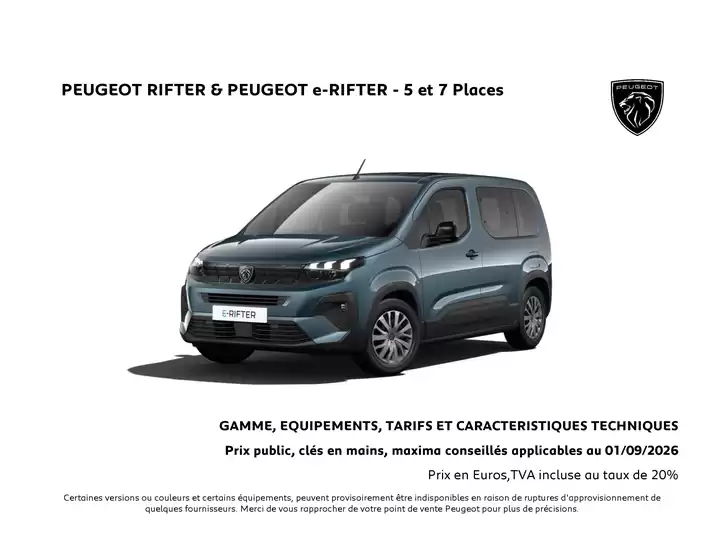 Catalogue Peugeot | Tarif septembre 2026 peugeot rifter et e rifter | 2026-09-03T00:00:00.000Z - 2026-09-30T00:00:00.000Z