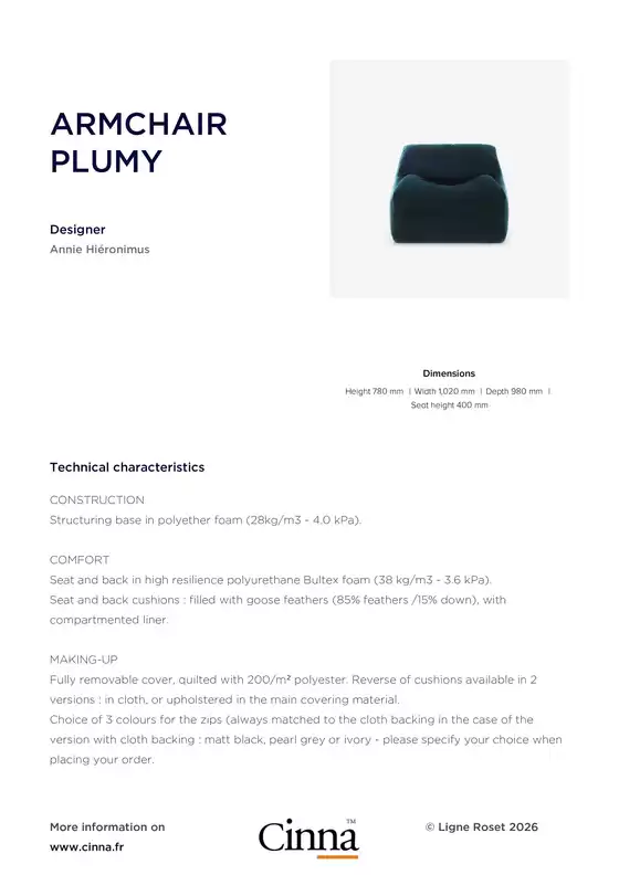 Catalogue Cinna | ARMCHAIR PLUMY | 2026-09-18T00:00:00.000Z - 2026-09-30T00:00:00.000Z