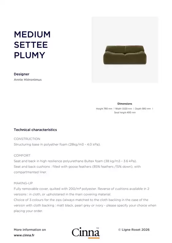Catalogue Cinna | MEDIUM SETTEE PLUMY | 2026-09-18T00:00:00.000Z - 2026-09-30T00:00:00.000Z