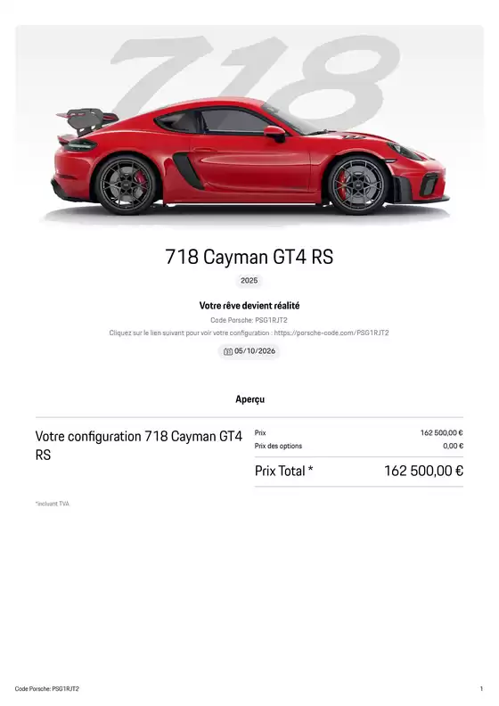 Catalogue Porsche à Soissons | 718 Cayman GT4 RS | 2026-10-05T00:00:00.000Z - 2026-12-31T00:00:00.000Z