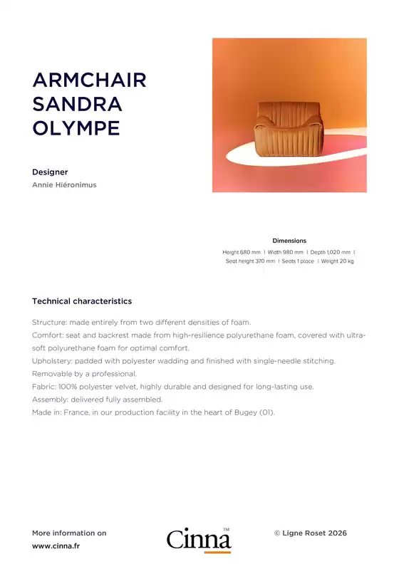 Catalogue Cinna à Estancarbon | ARMCHAIR SANDRA OLYMPE | 2026-10-20T00:00:00.000Z - 2026-11-08T00:00:00.000Z